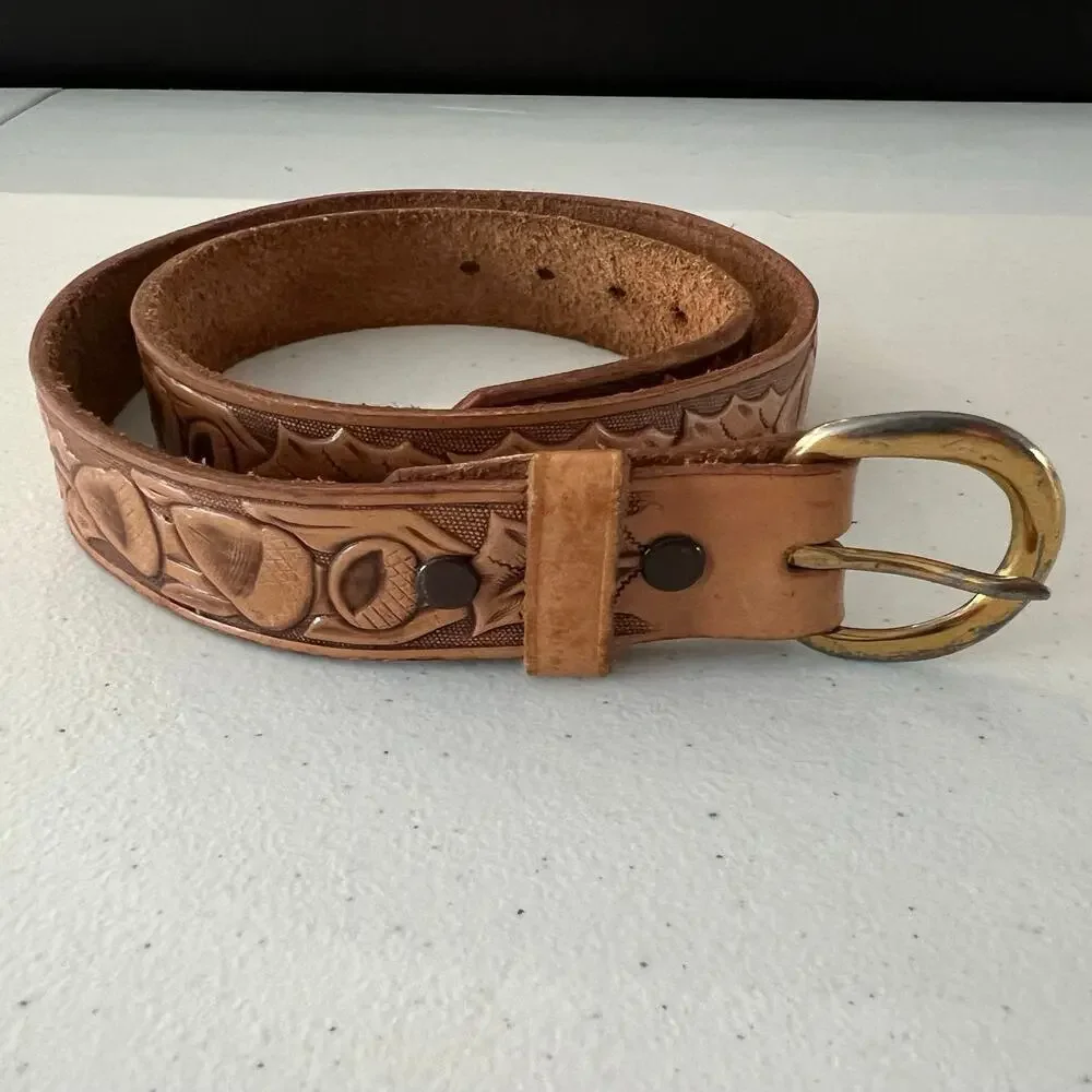 Justin Top Grain Cowhide Leather Tooled Western Belt Sz 28 Brown Cowboy